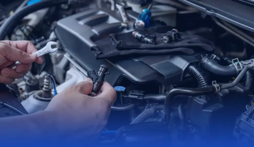 a hand holding a tool in a car engine