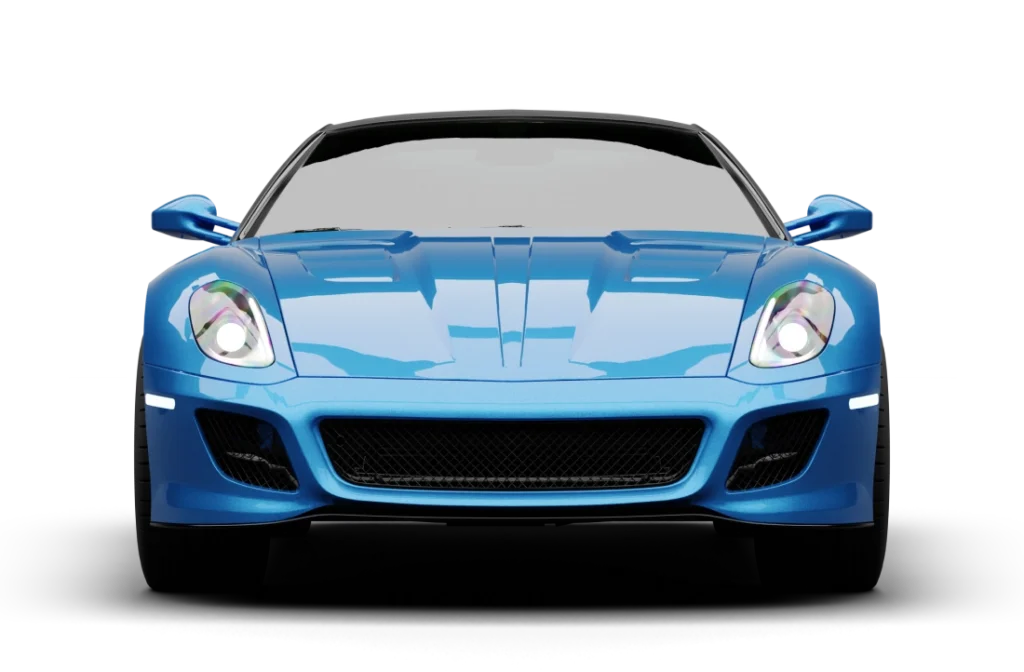 a blue sports car with its headlights on