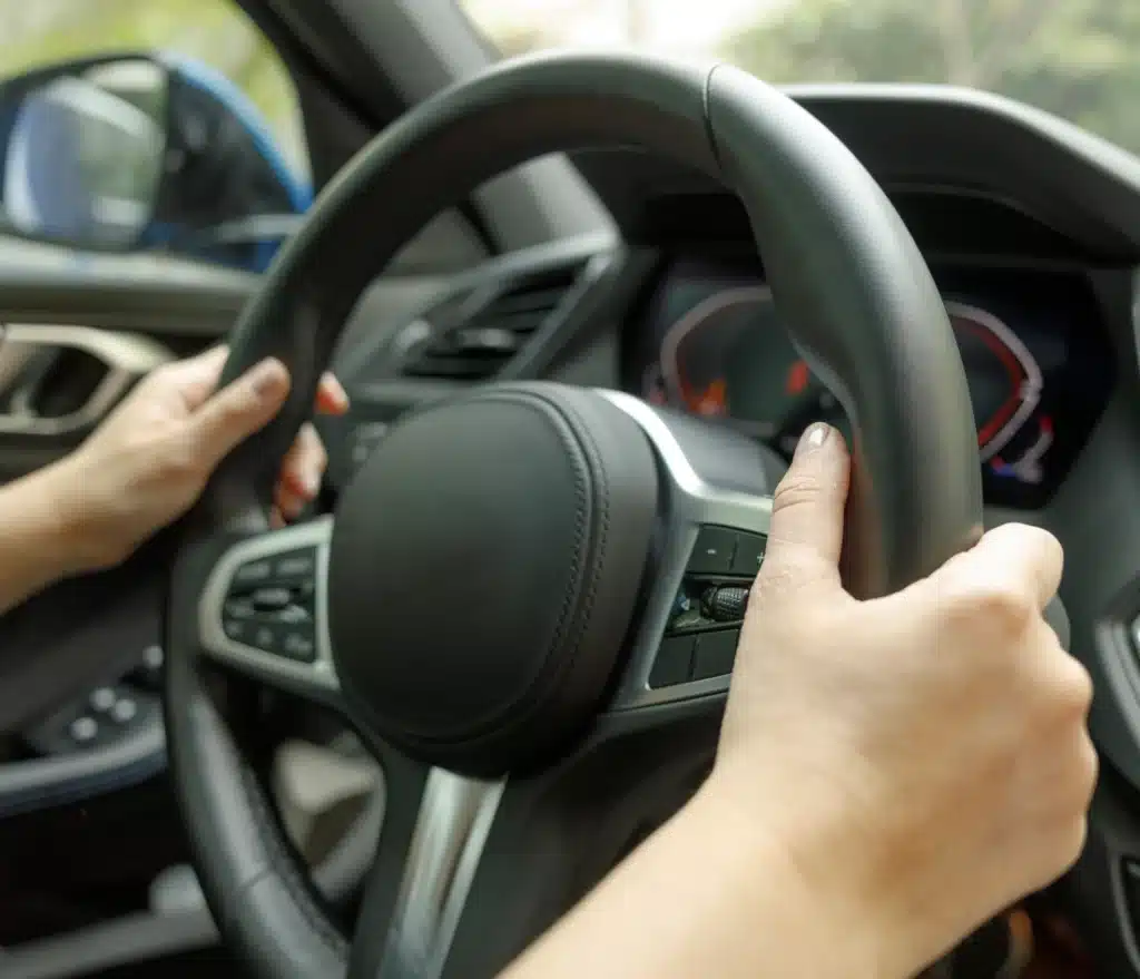 a person holding a steering wheel