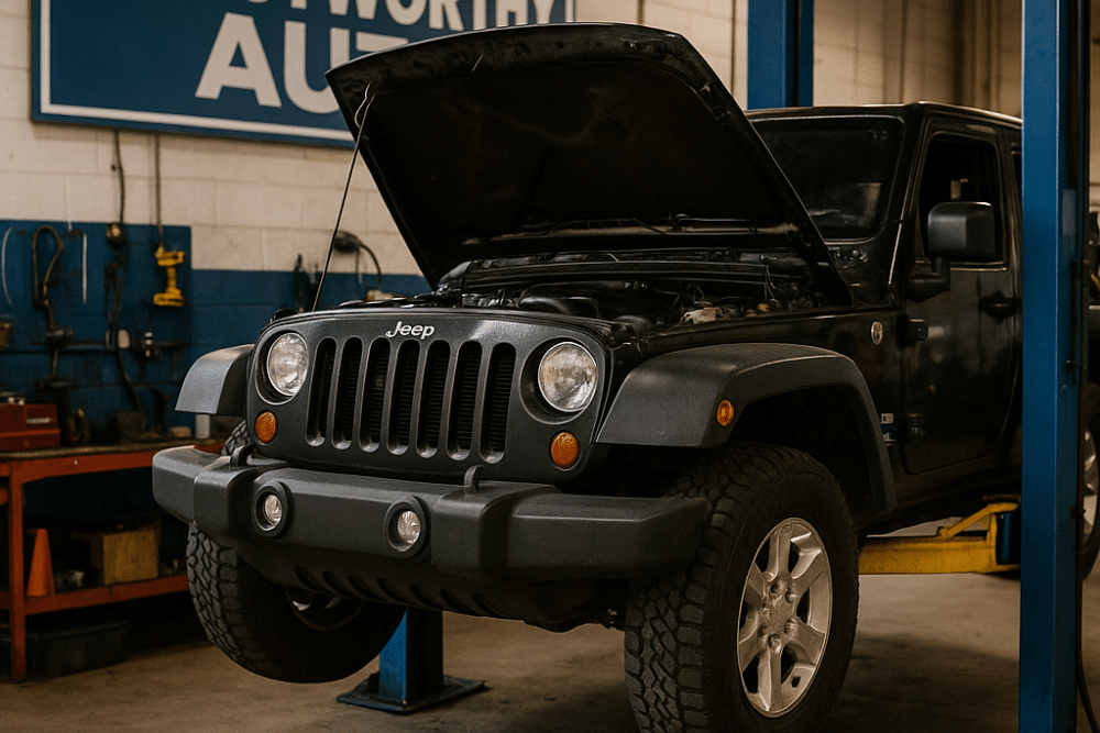 jeep repair, auto repair in Seekonk, MA at Trustworthy Auto. A black Jeep Wrangler elevated with its hood open, emphasizing professional undercar inspections and off-road vehicle maintenance.
