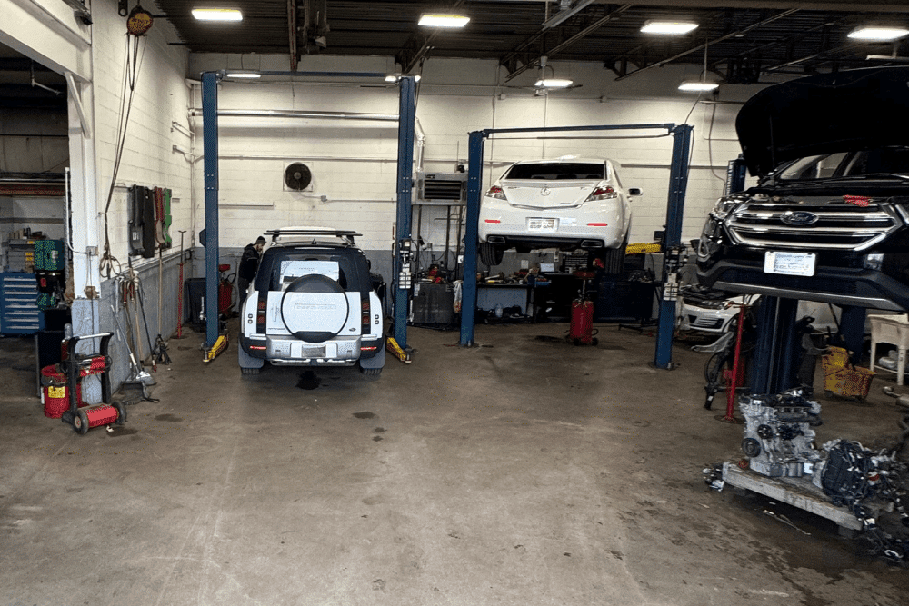 Car maintenance, auto repair in Seekonk, MA by Trustworthy Auto. Image of multiple vehicles on lifts inside a full-service auto repair shop during diagnostics and mechanical service.