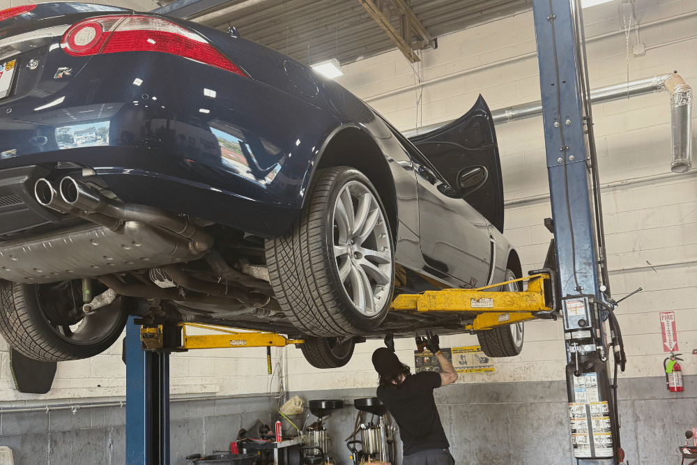 Certified Mechanics Service in Seekonk, MA At Trustworthy Auto. Image of Certified mechanic inspecting a car on a hydraulic lift in Seekonk, MA.